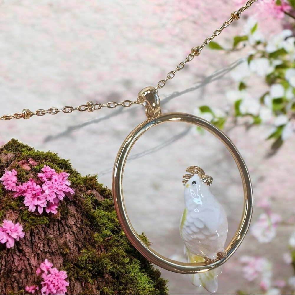NEW White & Yellow Gold Cockatiel Bird Sitting In A Gold Hoop Pendant Necklace - Picture 5 of 16